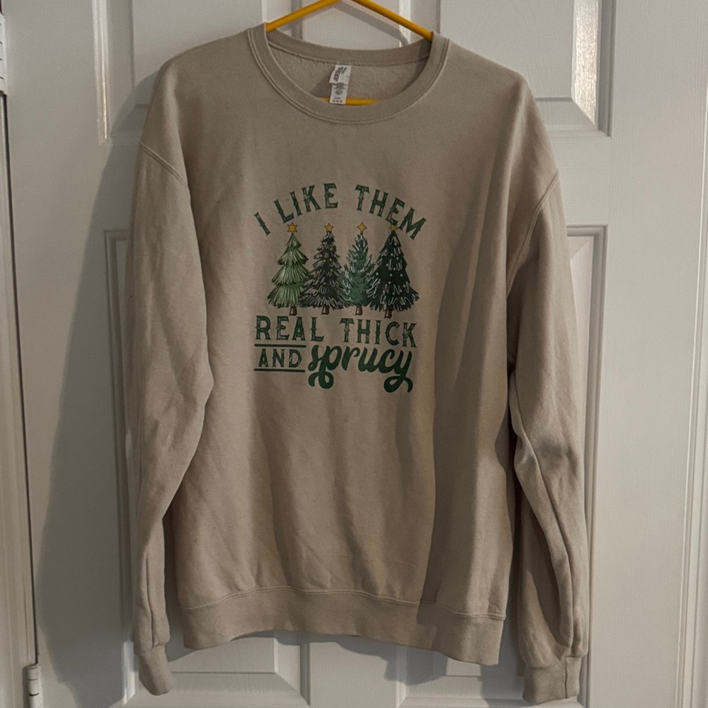 Jerzees Beige Crewneck Sweatshirt with Green Tree Graphic